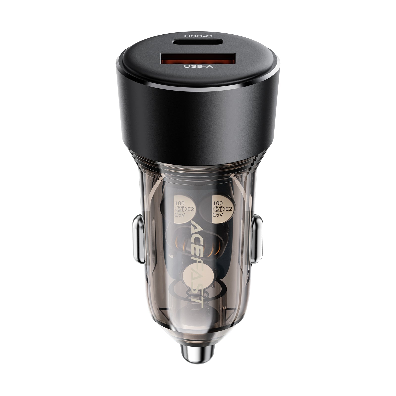 Sleek 60W car charger with a semi-transparent design, supporting fast charging for multiple devices.