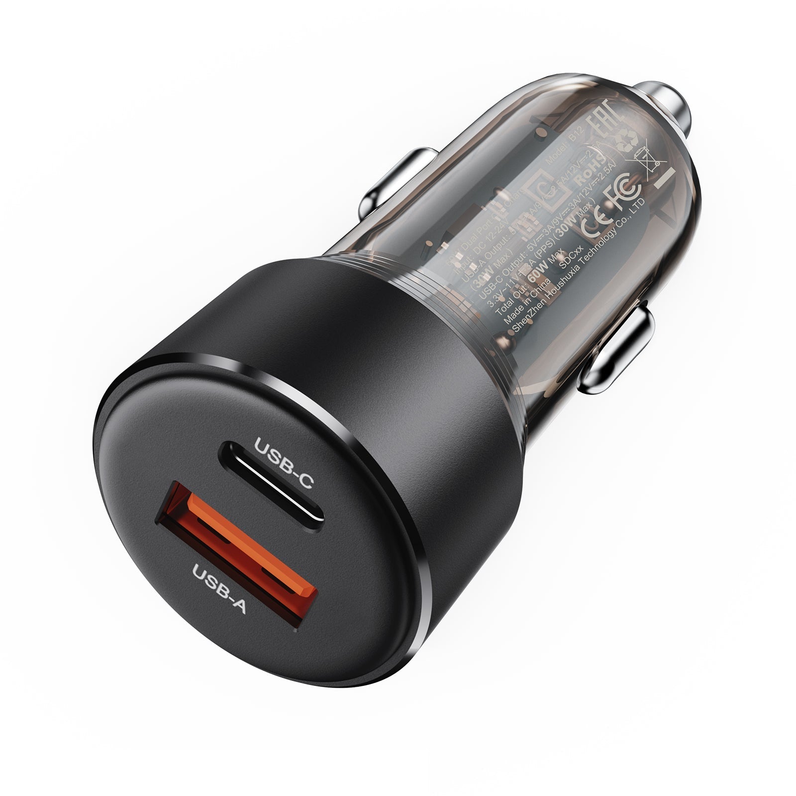 Modern car charger plugged in, showcasing its semi-transparent design and multiple fast-charging ports.
