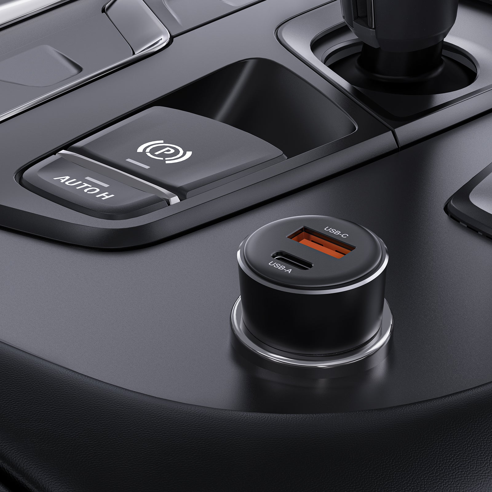 60W car charger with USB-A and USB-C ports, designed for rapid power delivery.