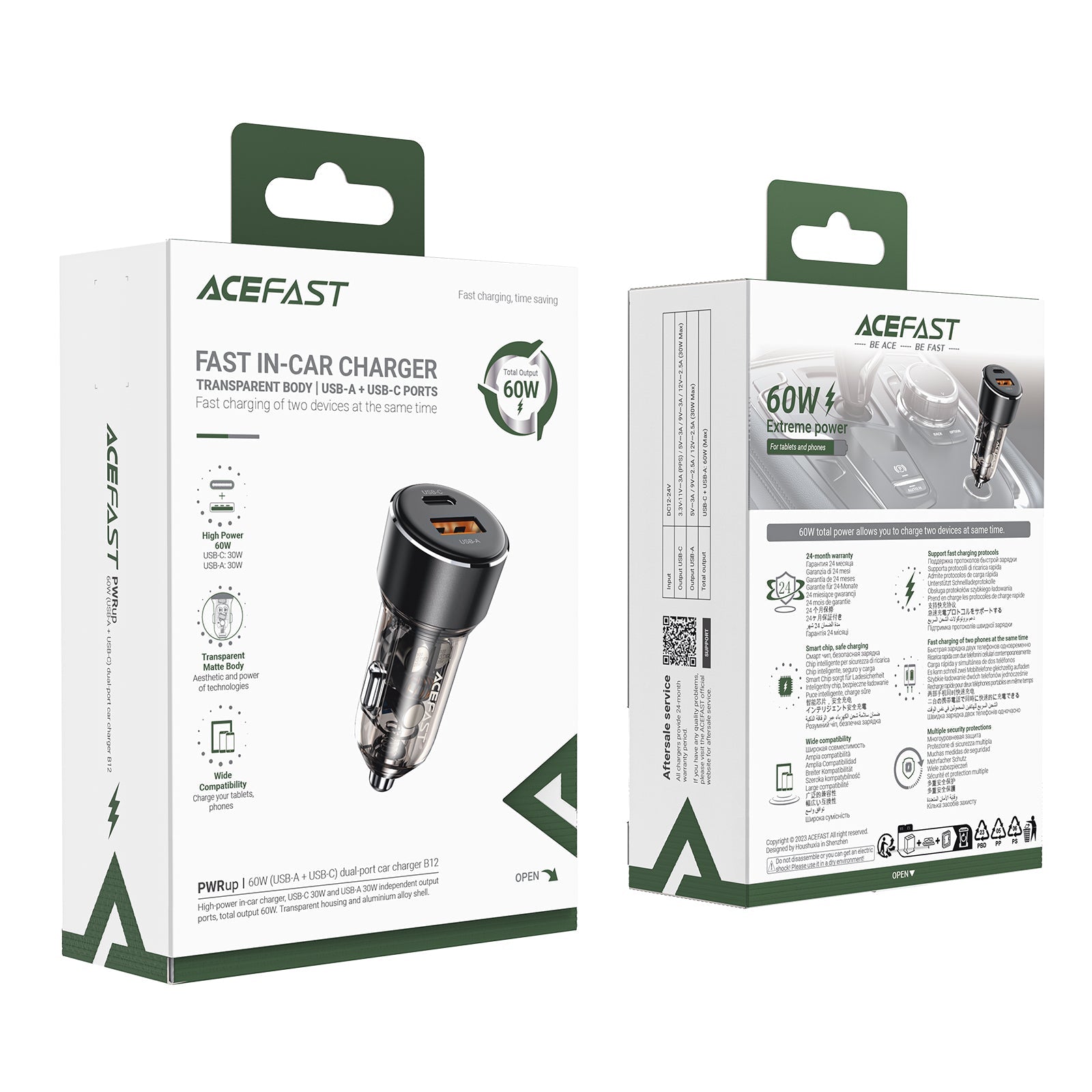 60W car charger with USB-A and USB-C ports in New Zealand