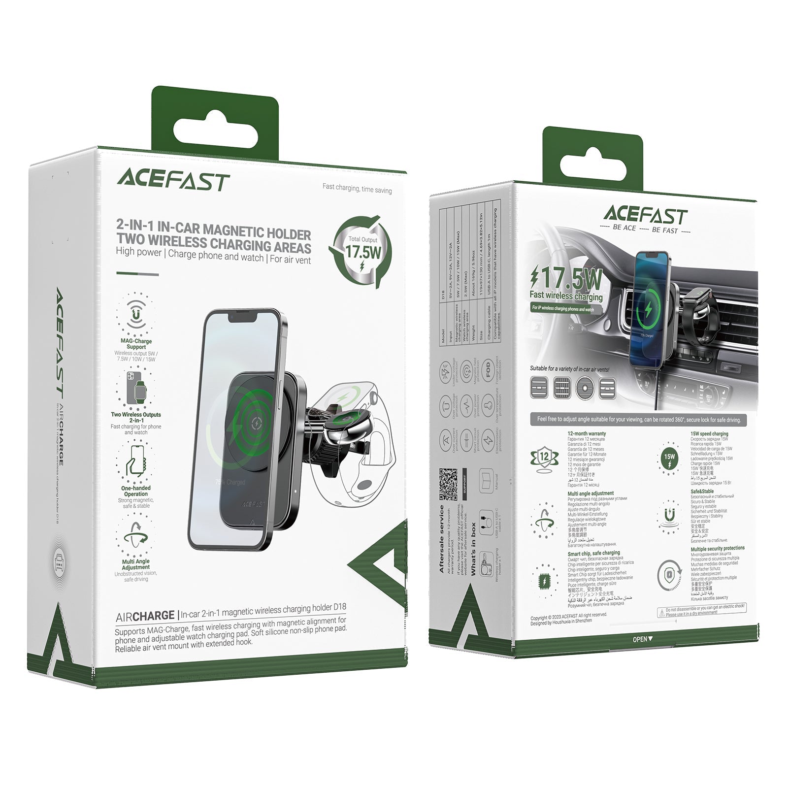 ACEFAST 2-in-1 MagSafe 17.5W Wireless Car Charger