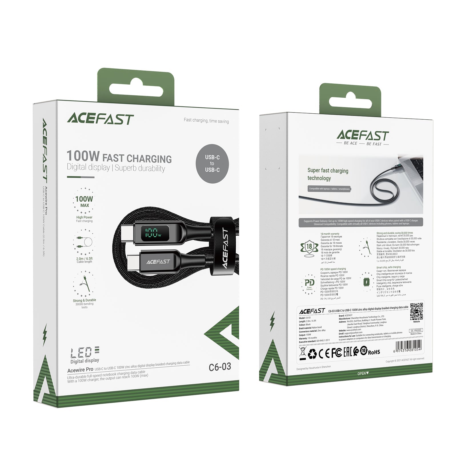 ACEFAST 100W Type-C to Type-C Fast Charging Braided Cable 2M