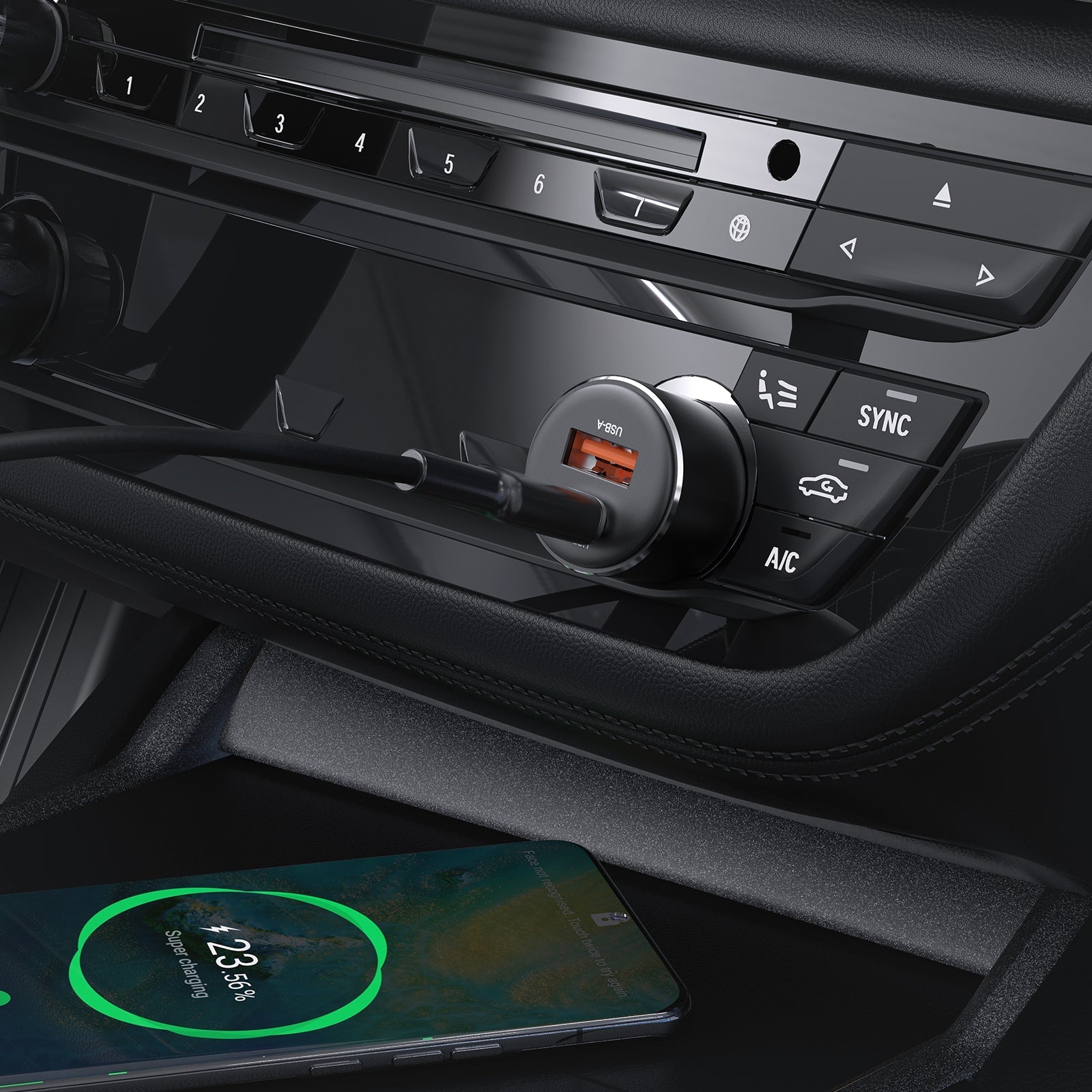 Compact and stylish 60W car charger, certified for safety and energy efficiency, powering multiple devices.